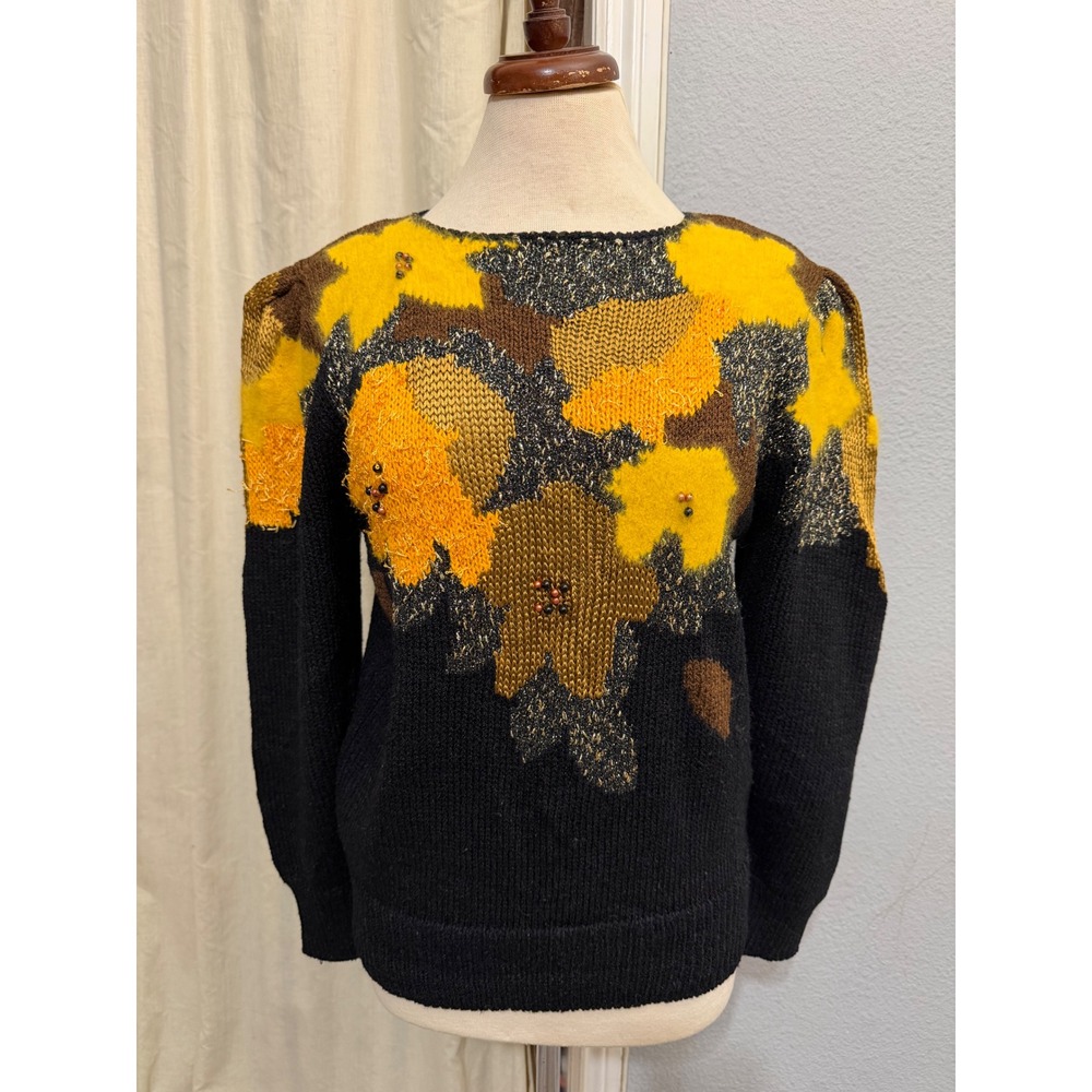 Vintage 80s Eugenia by Angenie Wool Blend Sweater S Floral Beaded Black Yellow